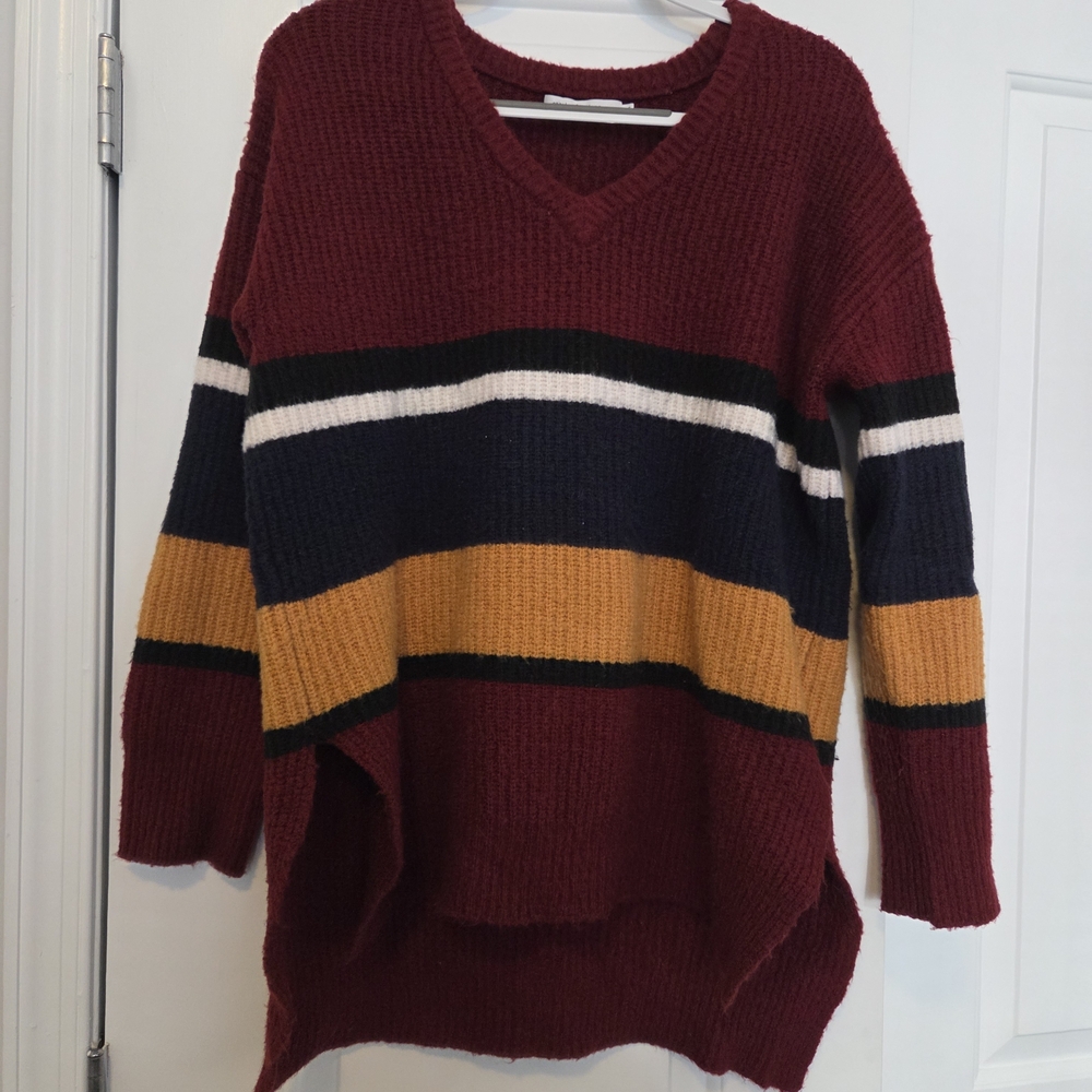 Burgundy Striped V-Neck Sweater